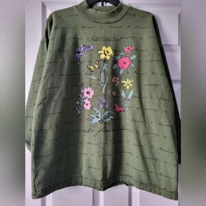 Green Floral Black Script Mock Neck Sweatshirt Vintage Cottagecore Nature